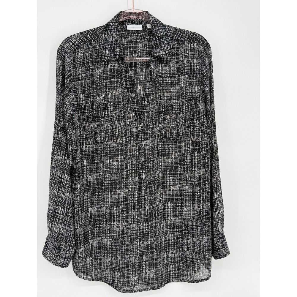 New York & Company Womens Black White Grid Print Button Down Blouse Sz‎ XL